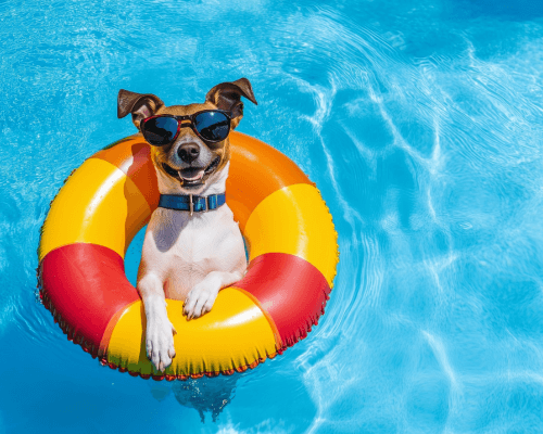 Cane con occhiali da sole che si rilassa in piscina su un salvagente colorato, simbolo di vacanze spensierate e divertimento anche per gli animali domestici.