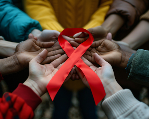 Gruppo di persone che uniscono le mani formando un cerchio e sorreggono insieme un grande nastro rosso, simbolo della lotta all’HIV/AIDS.